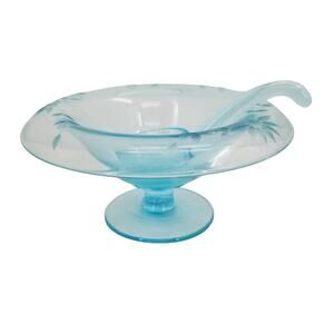 Blue Console Bowl Spoon Etched Glass Footed Vintage Light blue With Spoon
